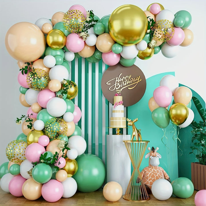 Romantic balloon garland in pink, gold, and green with floral accents for outdoor events
