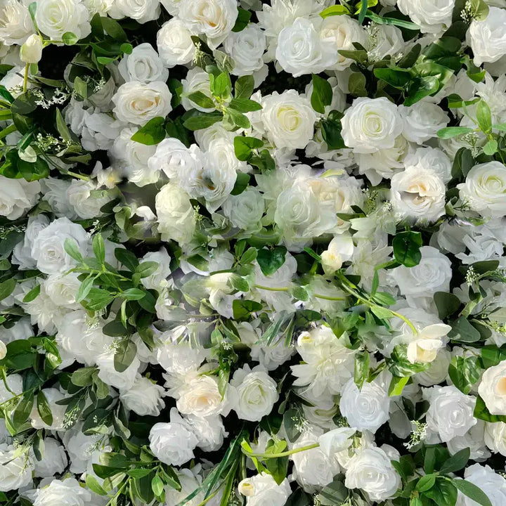 Close-up of decorative flower wall with white roses for party decoration