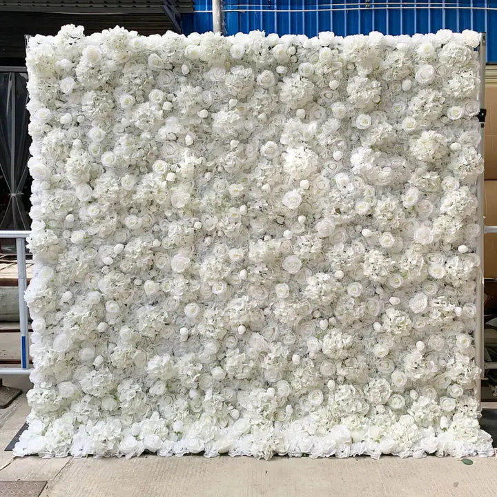Close-up of decorative flower wall with white roses for party decoration