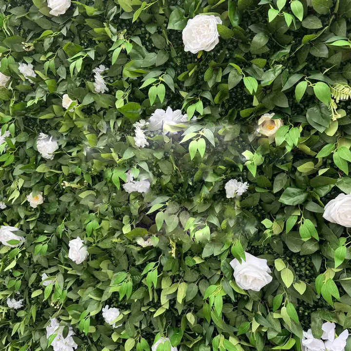 Full view of decorative flower wall perfect for wedding backdrops and event decorations.