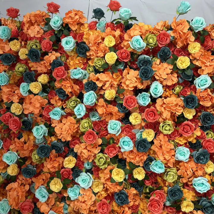 Multicolored floral wall showcasing teal, red, and green flowers against a vibrant backdrop.