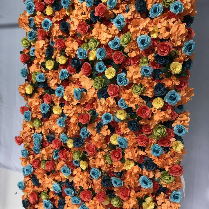 Tall flower wall panel with vivid blooms in orange and blue tones, perfect for party decor.