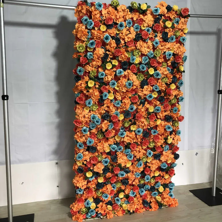 Multicolored floral wall showcasing teal, red, and green flowers against a vibrant backdrop.