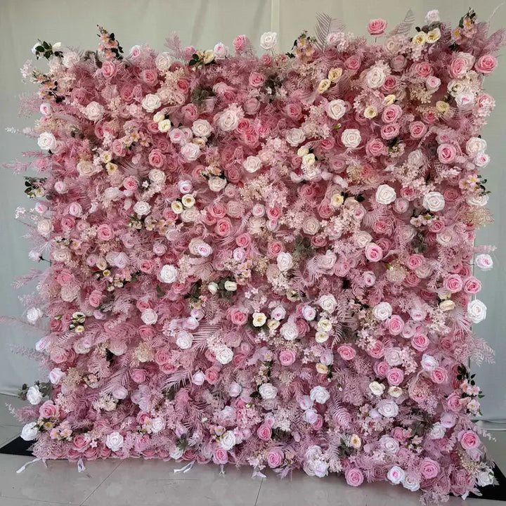 Romantic pink flower wall, ideal for wedding backdrops and prom decorations.