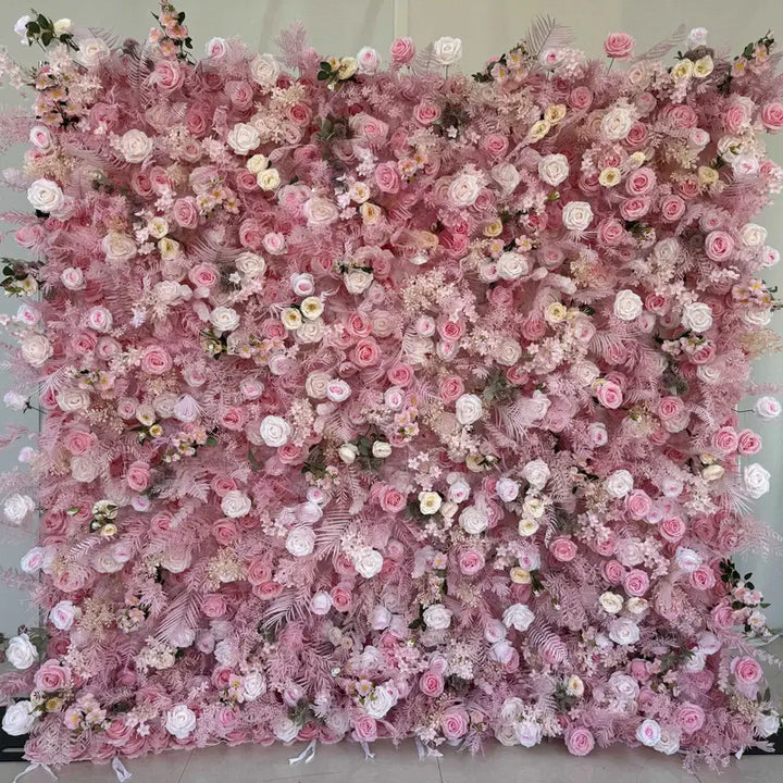 Lush pink floral backdrop, featuring detailed roses and peonies for elegant events.