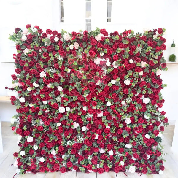 Vibrant red rose floral wall backdrop, perfect for weddings and romantic events.