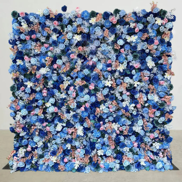 Full view of blue and blush flower wall backdrop with rich floral density