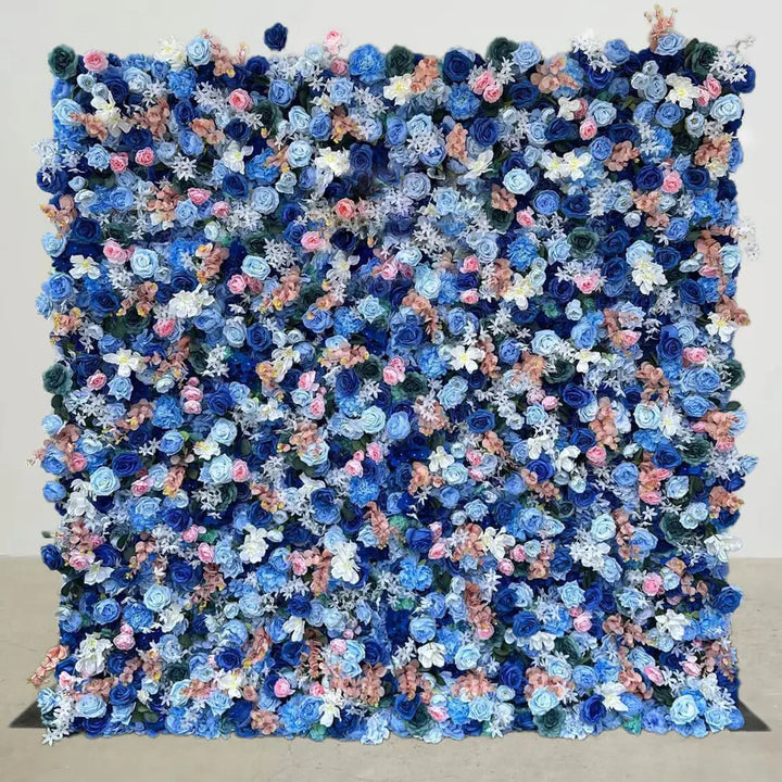 Full view of blue and blush flower wall backdrop with rich floral density