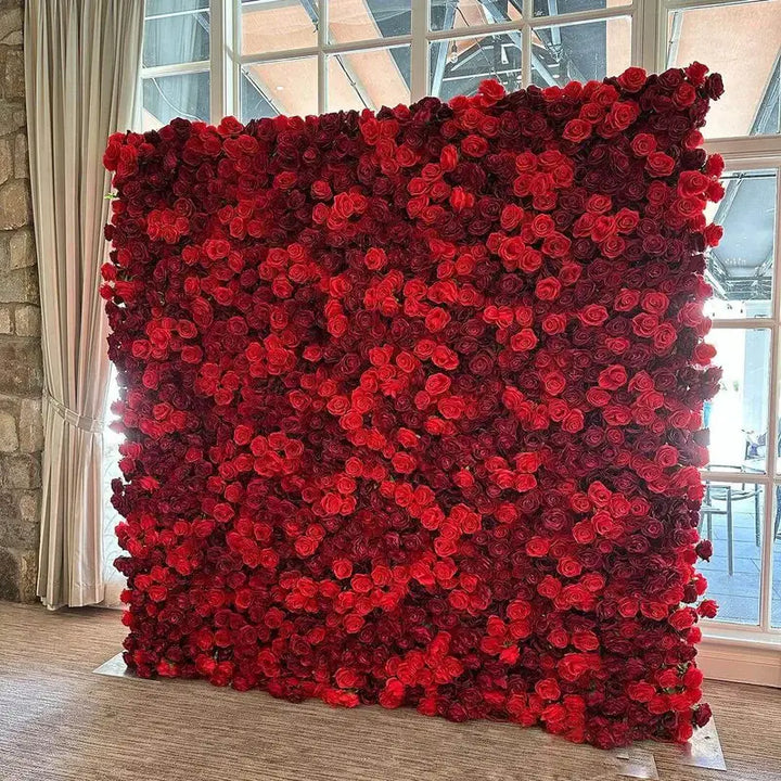 Full view of a deep red rose flower wall, adding a touch of elegance to any celebration.