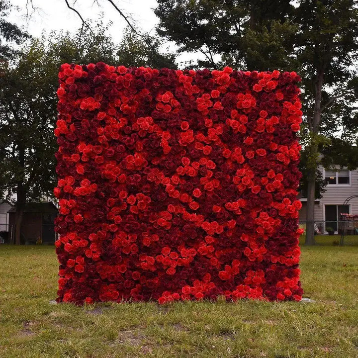 Full view of a deep red rose flower wall, adding a touch of elegance to any celebration.