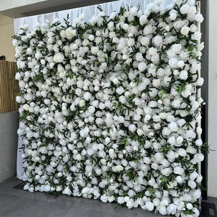 Full view of the Elegant White Rose Flower Wall with white roses and greenery.