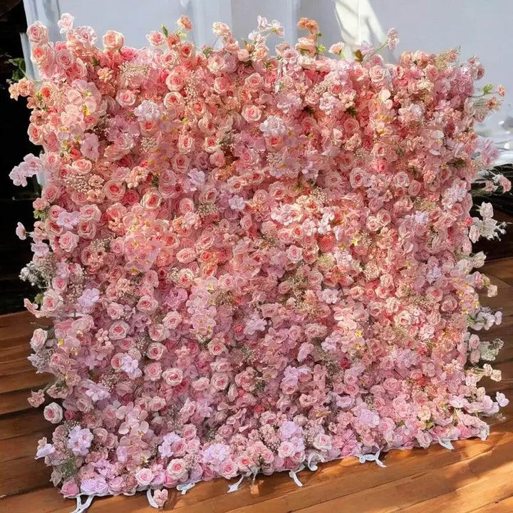 Full view of decorative flower wall in blush tones, perfect for proms and special occasions.