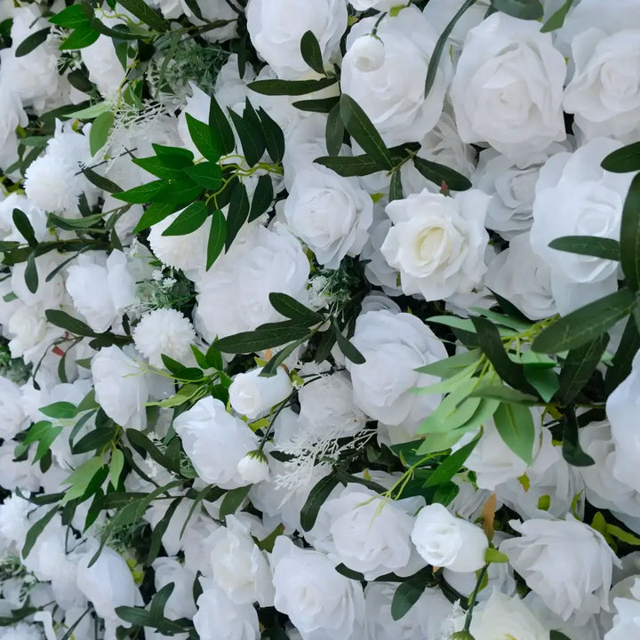 Elegant white rose flower wall backdrop, ideal for weddings and events.