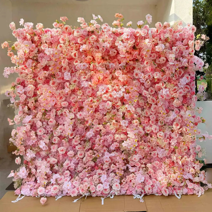 Blush Blossom floral wall featuring soft pink roses and delicate blooms for elegant events.
