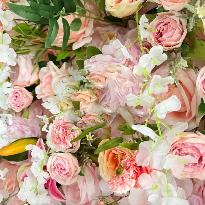 Detailed close-up of pink and white floral backdrop, ideal for romantic event settings.