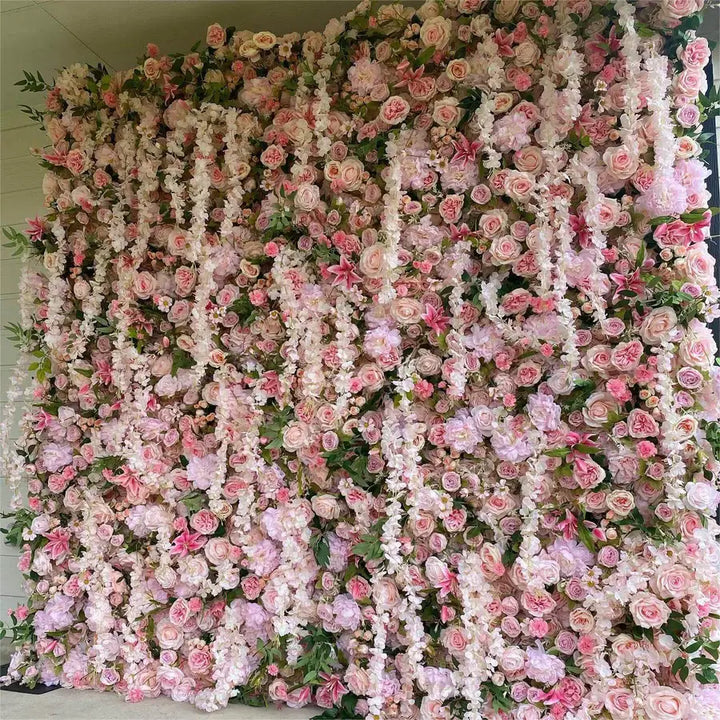 Vibrant and colorful flower wall backdrop, perfect for wedding ceremonies and celebrations.