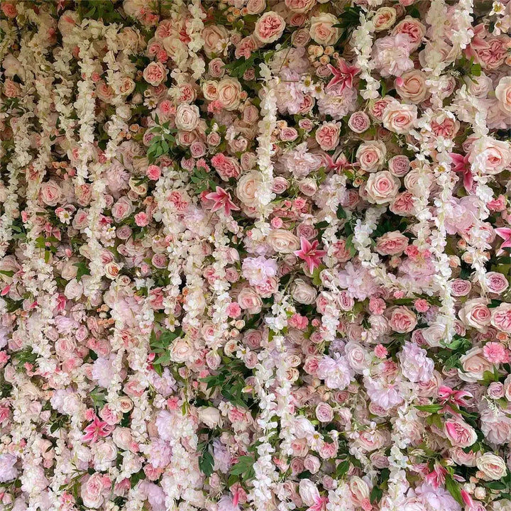 Enchanted Garden floral wall with pink blossoms for weddings and events.