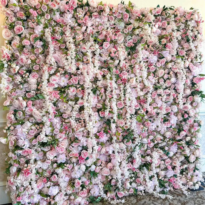 Detailed close-up of pink and white floral backdrop, ideal for romantic event settings.