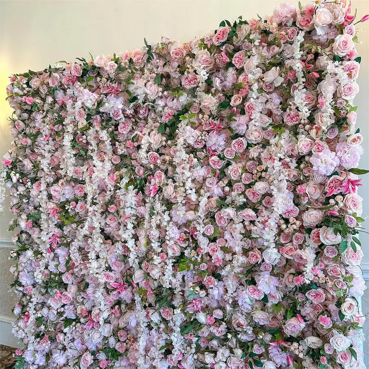 Vibrant and colorful flower wall backdrop, perfect for wedding ceremonies and celebrations.