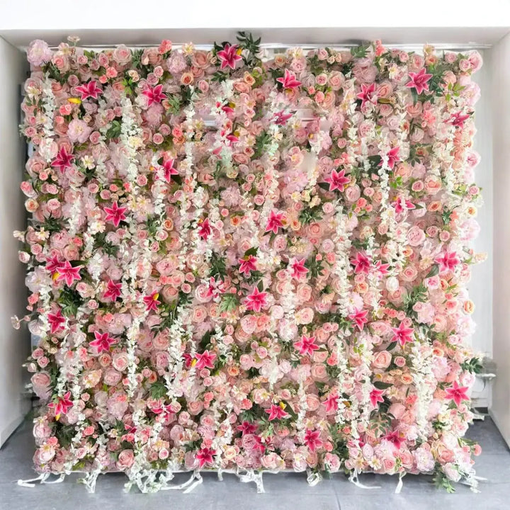 Enchanted Garden floral wall with pink blossoms for weddings and events.