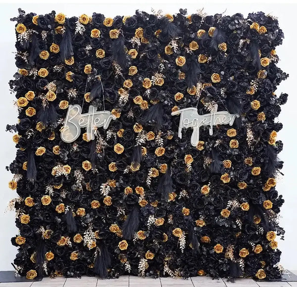 Black and gold flower wall backdrop with “Better Together” signage