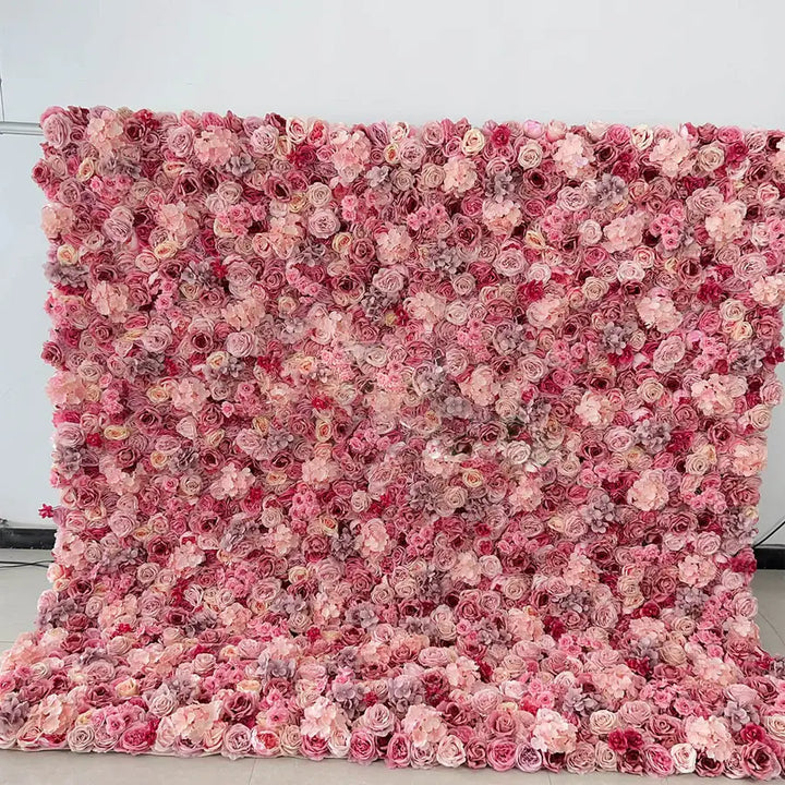 Angled side view showing the depth and lushness of the decorative flower wall installation