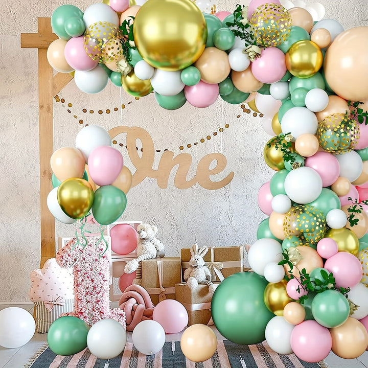 Balloon arch kit featuring pink, gold, and green balloons for an elegant celebration
