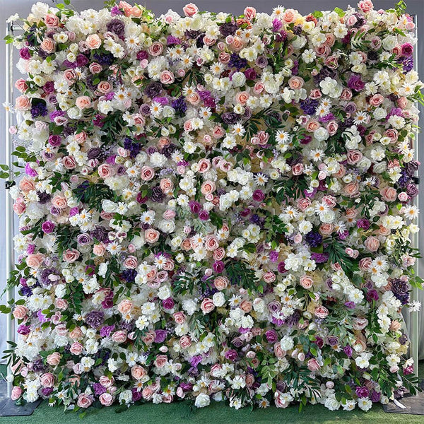 Full view of the Wild Garden Luxe flower wall with ivory, blush, lilac, and greenery.
