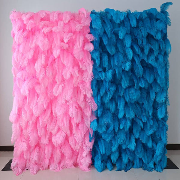 Side angle of decorative feather backdrop in soft pink and bold blue hues.