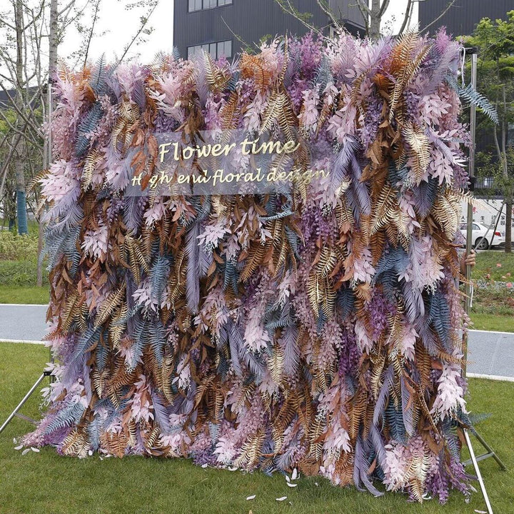 Full front view of Moonlit Fern Cascade flower wall with metallic gold and lavender foliage
