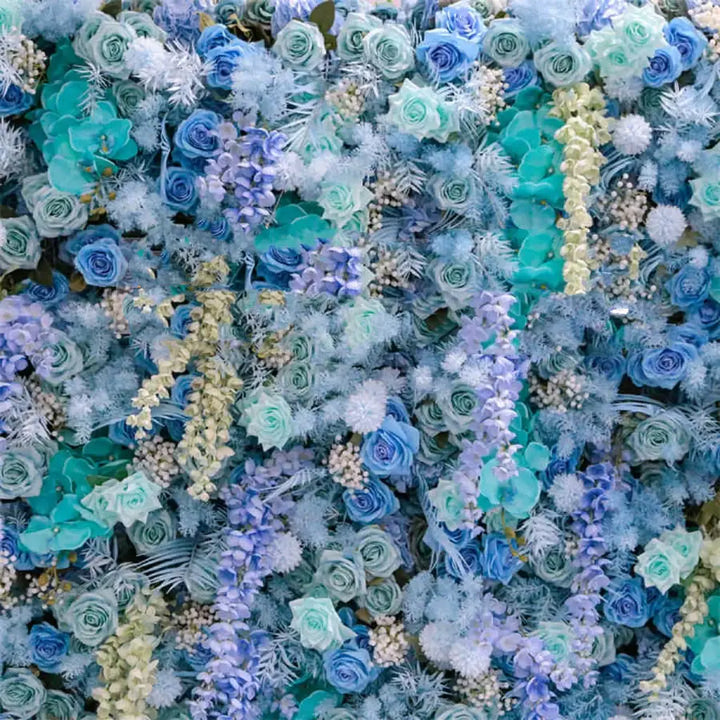 Elegant floral wall backdrop in shades of blue for weddings, events, and prom décor