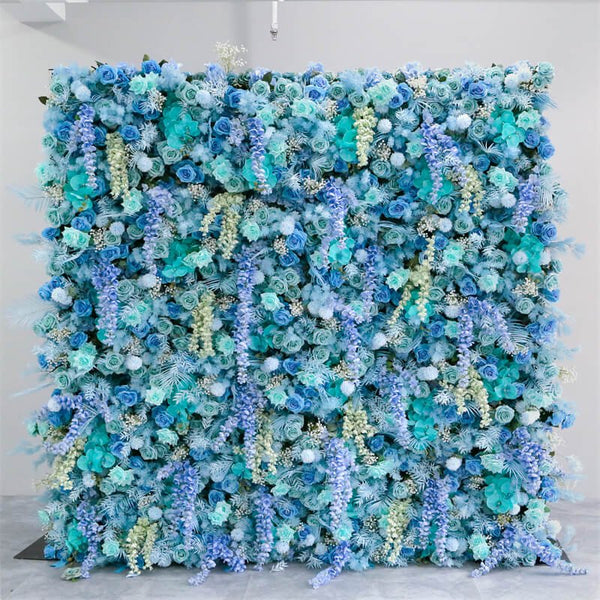 Full front view of Arctic Bloomfall flower wall with cascading blue and white florals