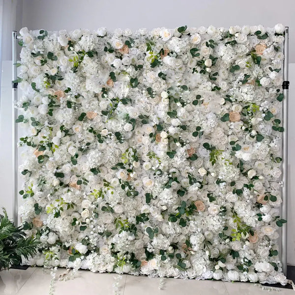 Full view of the Ethereal Dream Flower Wall with white and peach tones.