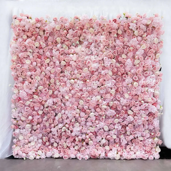 Close-up view of pastel pink rose flower wall for events.
