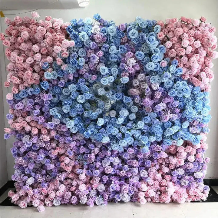 Pastel rose flower wall with a swirl pattern in blue, lilac, and pink