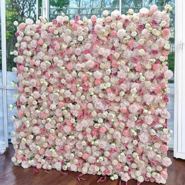 Lavish decorative flower wall of pink and white roses, ideal for proms and elegant celebrations.