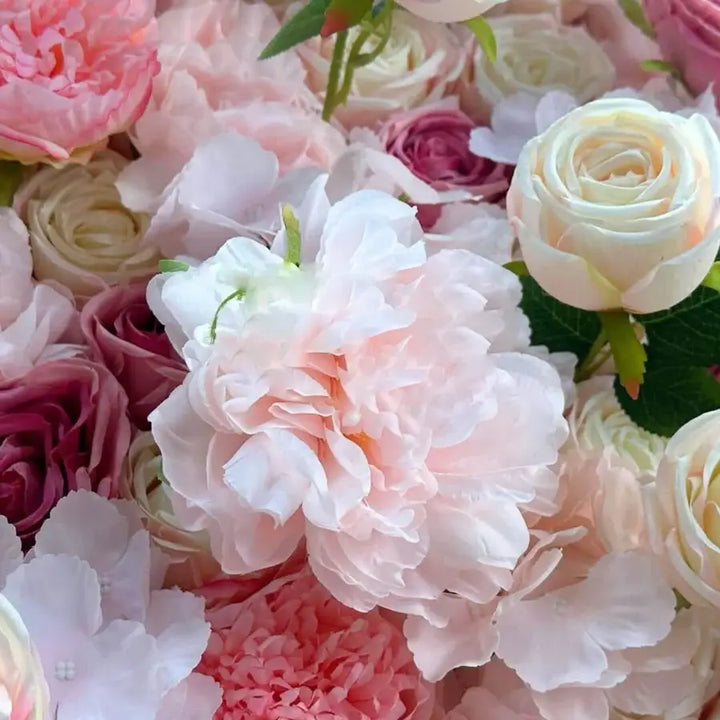 Charming decoration wall flowers in soft pink and white, enhancing the ambiance for special occasions.