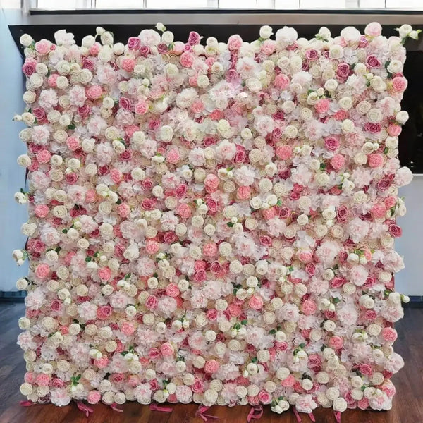 Soft pink and white rose flower wall, perfect for creating a romantic backdrop at weddings.