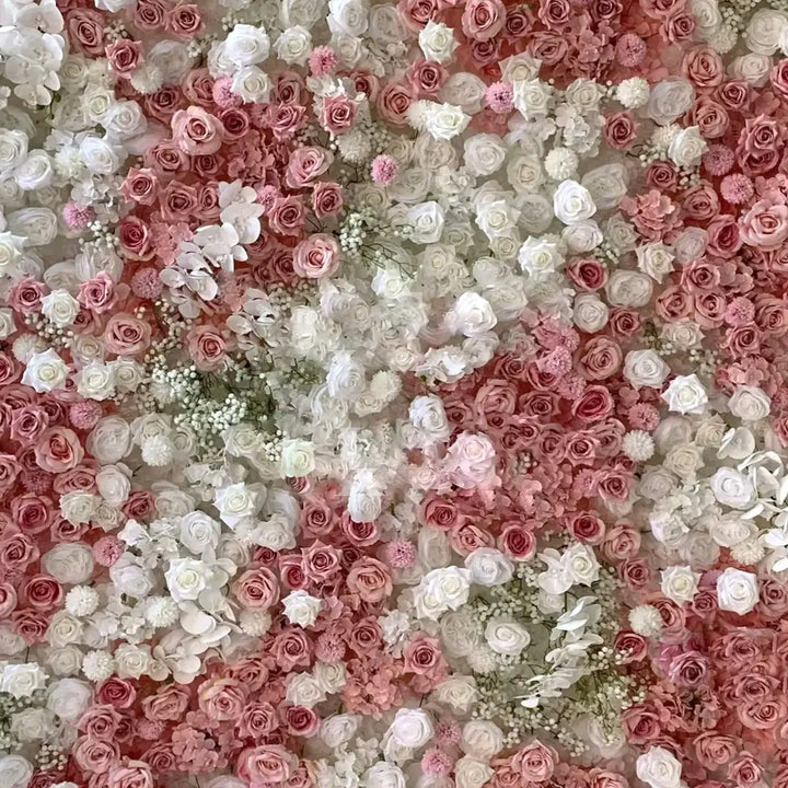Close-up of blush and ivory wall flowers with baby’s breath