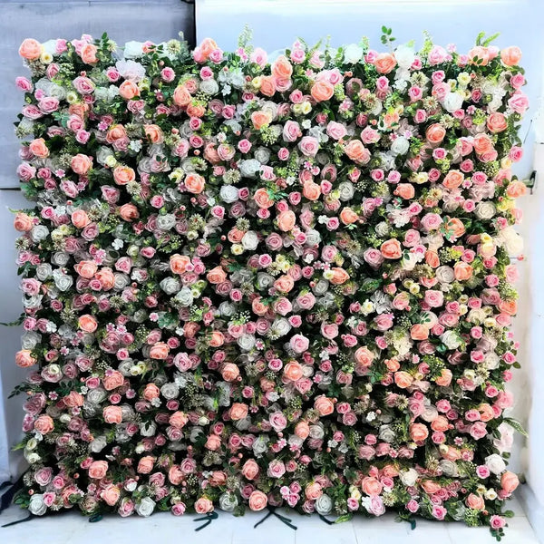 Lush rose-themed flower wall backdrop, ideal for weddings and upscale events.