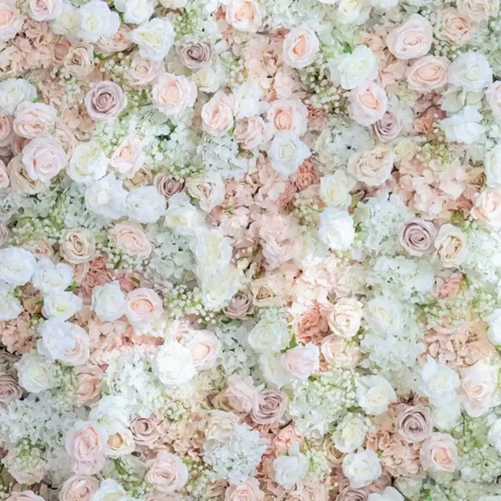 Close-up of delicate rose details in a pastel flower wall, perfect for wedding backdrops.