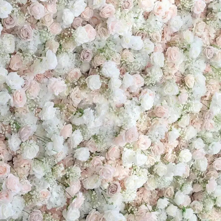 Full view of a romantic pastel floral backdrop set against a dark background.