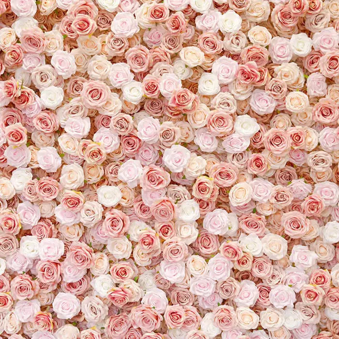 Full view of blush and ivory rose flower wall backdrop set up in studio lighting