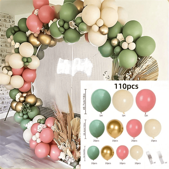 Earthy balloon garland in pink, green, and gold for rustic event decor
