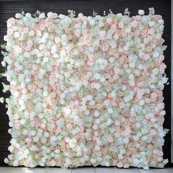 Soft pastel flower wall backdrop with a blend of pink and white roses for elegant events.