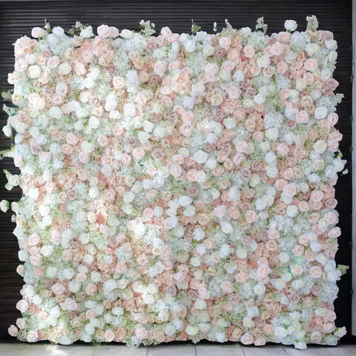 Soft pastel flower wall backdrop with a blend of pink and white roses for elegant events.