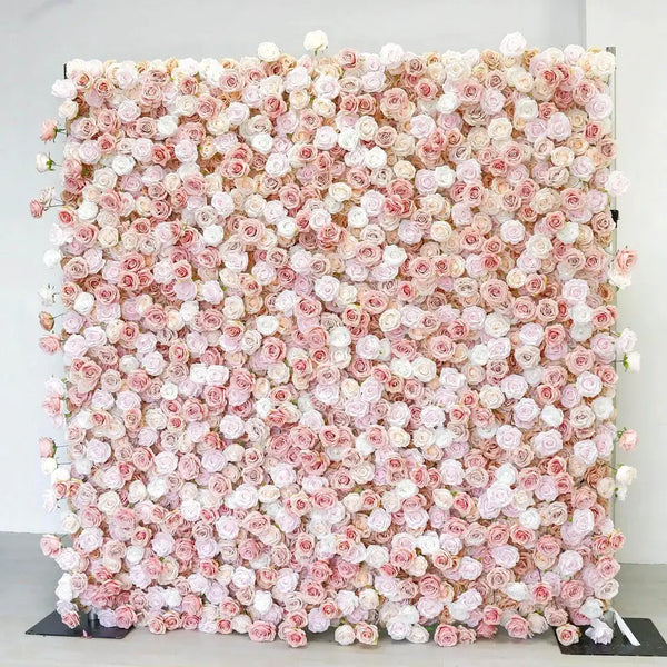 Full view of blush and ivory rose flower wall backdrop set up in studio lighting