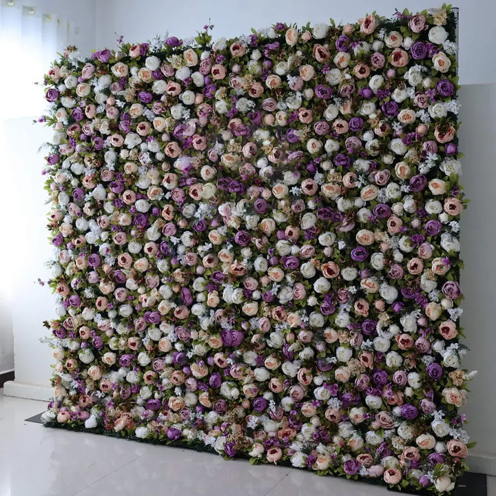 Side view of decorative flower wall in soft pastels and lavender hues