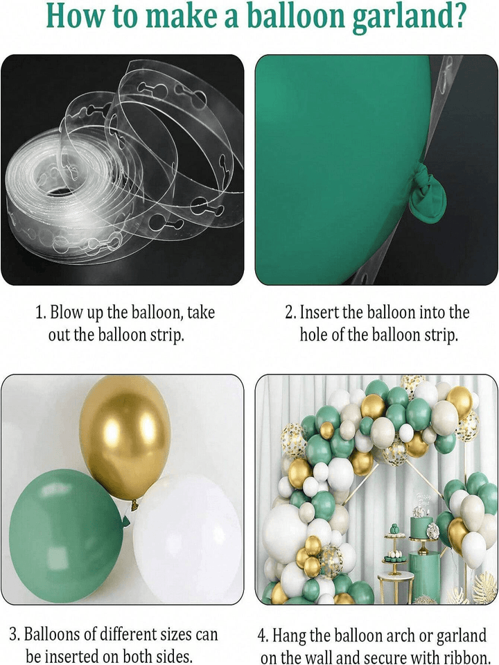 Balloon arch kit featuring green, gold, and confetti-filled balloons
