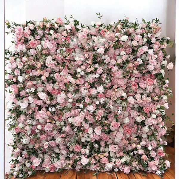 Full view of a lush pink rose flower wall backdrop, perfect for wedding and event decor.